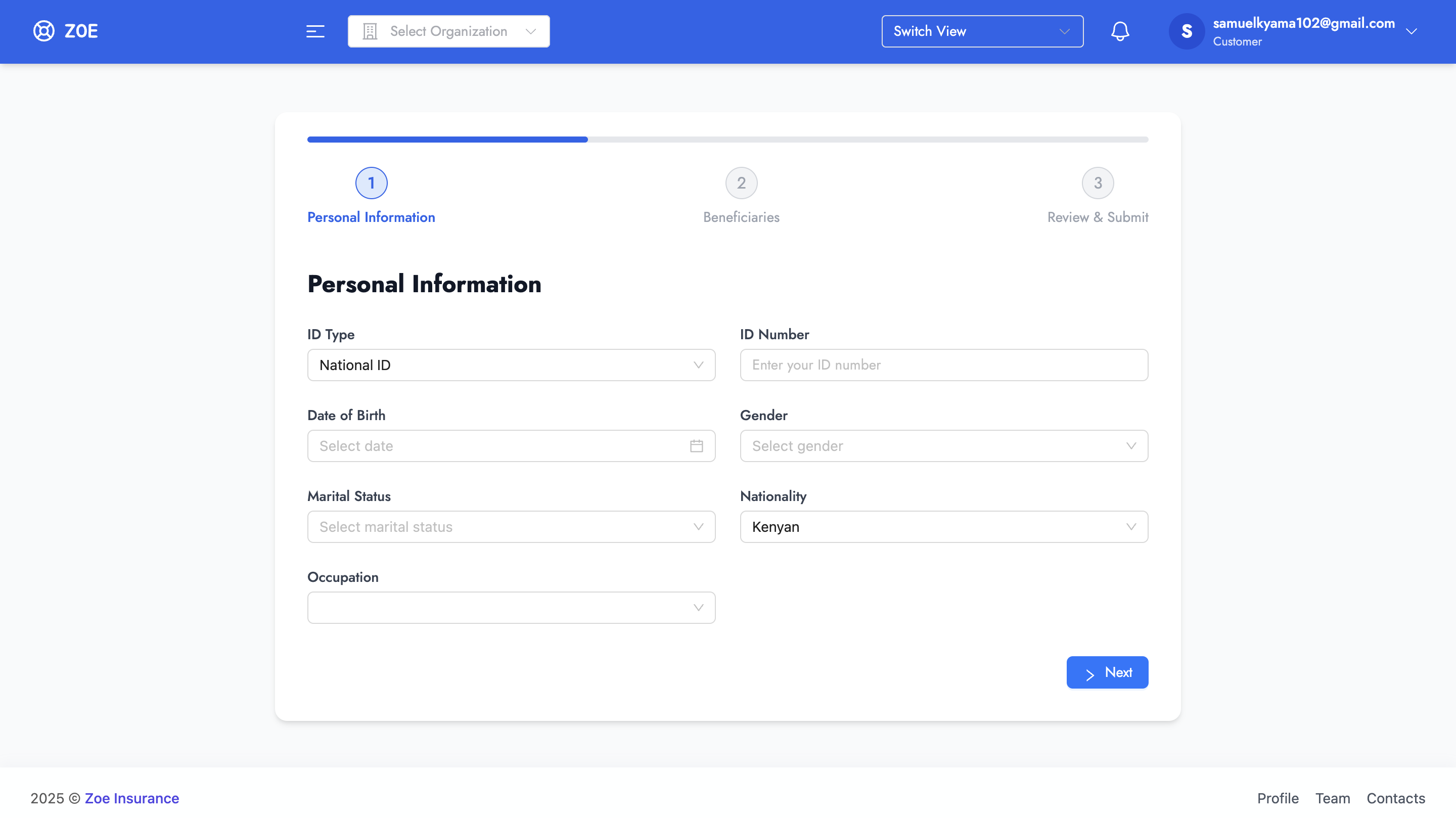 Insurance App Registration Screen